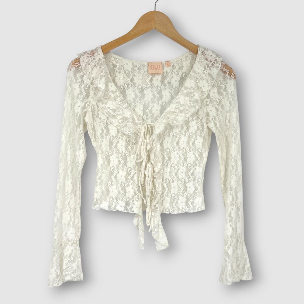 Good Luck Gem Ivory Lace Tie Front Long Sleeve Coquette Top Size Small